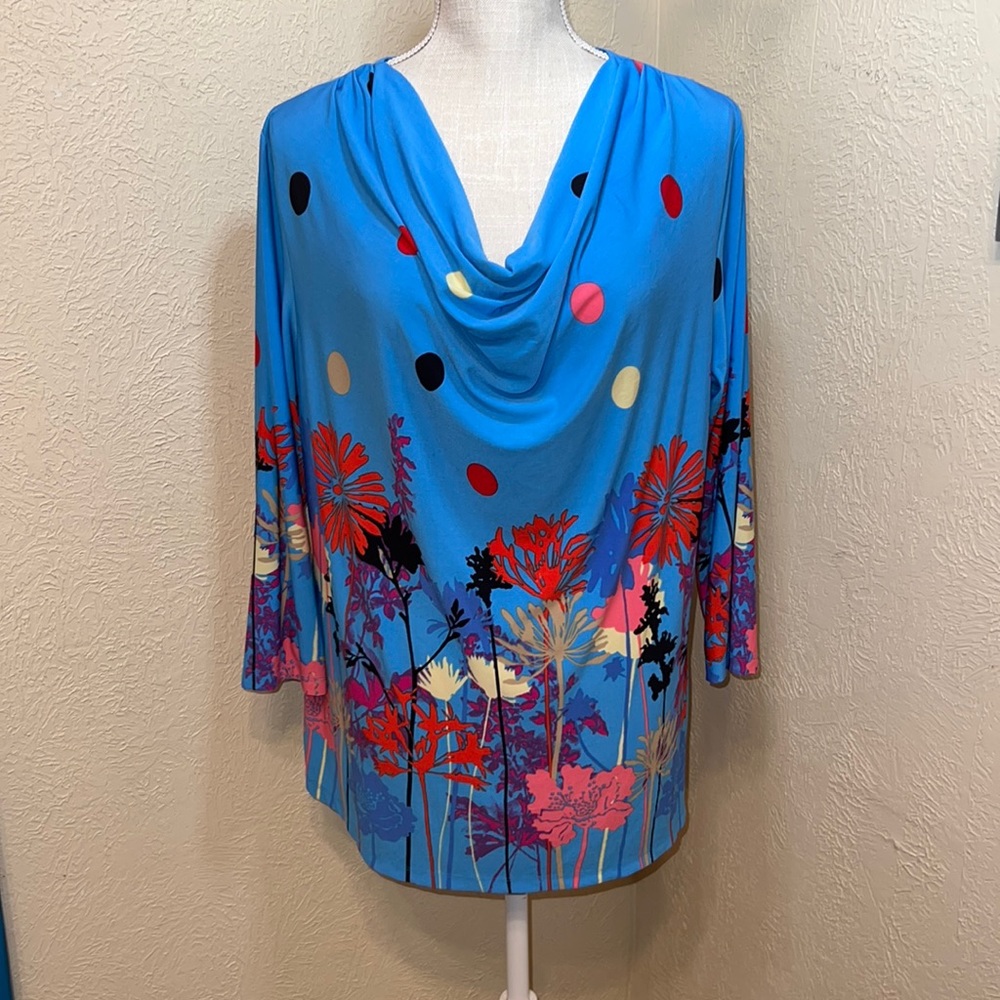 Investments Petites Ladies Blue With Colorful Floral and Polka Dot Top